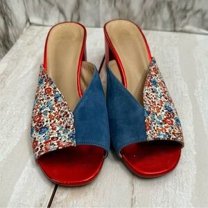 Vibrant Floral Red and Blue Suede Mules Flowercore Boho Chic Open Toe Block Heel